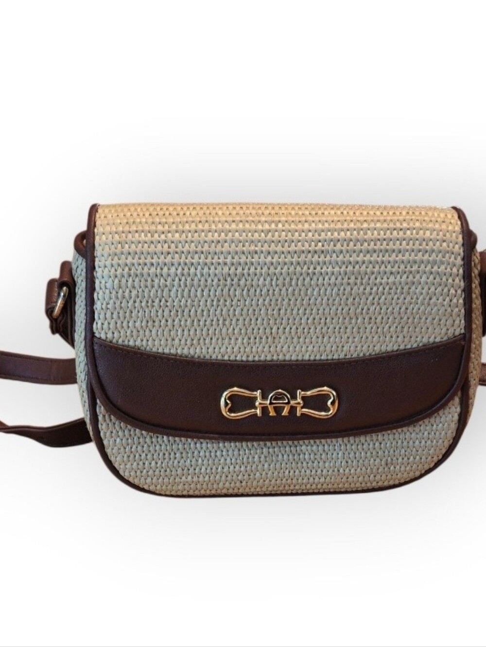 Vintage Etienne Aigner Brown & Cream Woven Crossbody Bag with Gold Accent
